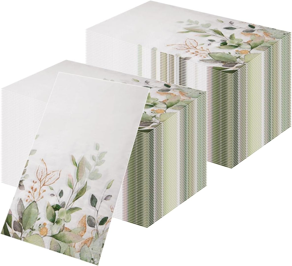 100PCS Sage Green Eucalyptus Napkins - Disposable Paper Serviettes with Greenery Print - Extra Large 40X33Cm Guest Towels for Party Decoration