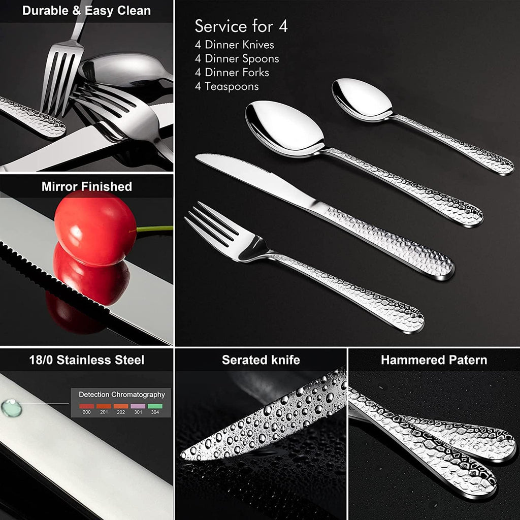 Cutlery Set, 32-Piece Stainless Steel Hammered Flatware Silverware Include Knife/Spoon/Fork, Suitable for Kitchen Party Camping, Mirror Polished, Dishwasher Safe - Service for 8