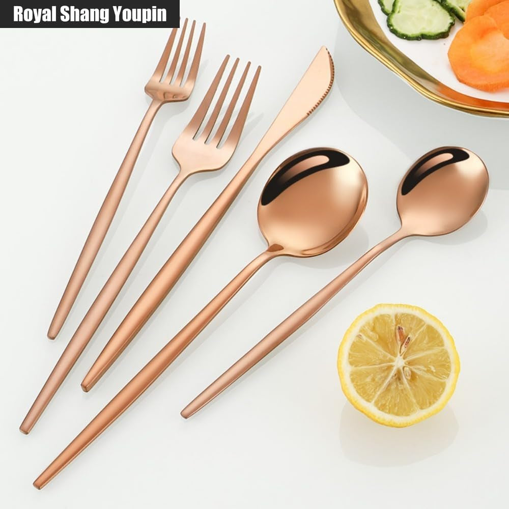 Solid Pointed Handle Kitchen Stainless Steel Silverware Tableware Flatware Cutlery Set Steak Knife Fork Spoon (Gold,20 Pieces)