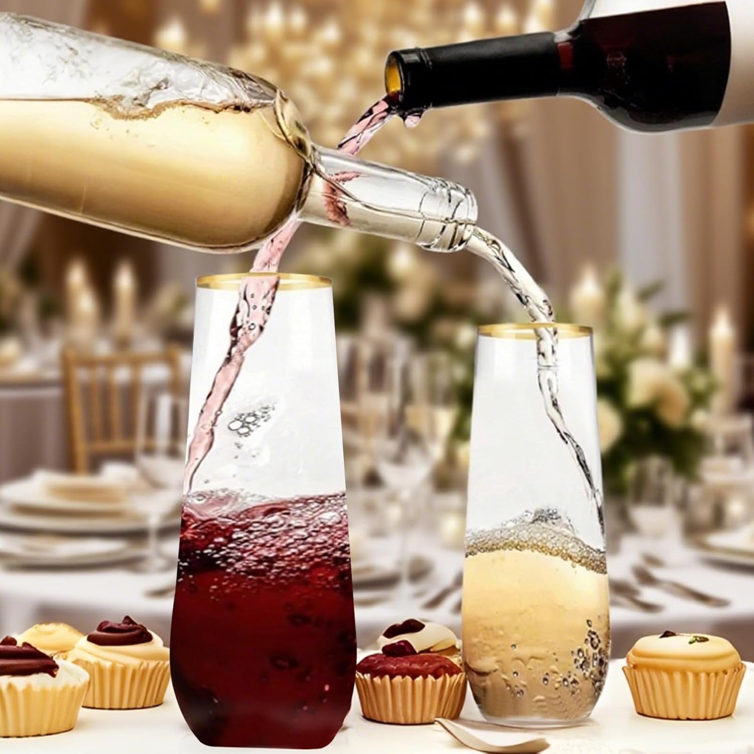 Plastic Champagne Flutes 25 Packs Champagne Flutes Plastic with Gold Rimmed, 270Ml/9.13Oz Stemless Wine Glasses Champagne Glasses for New Year Party Wedding Halloween Christmas Birthday Party