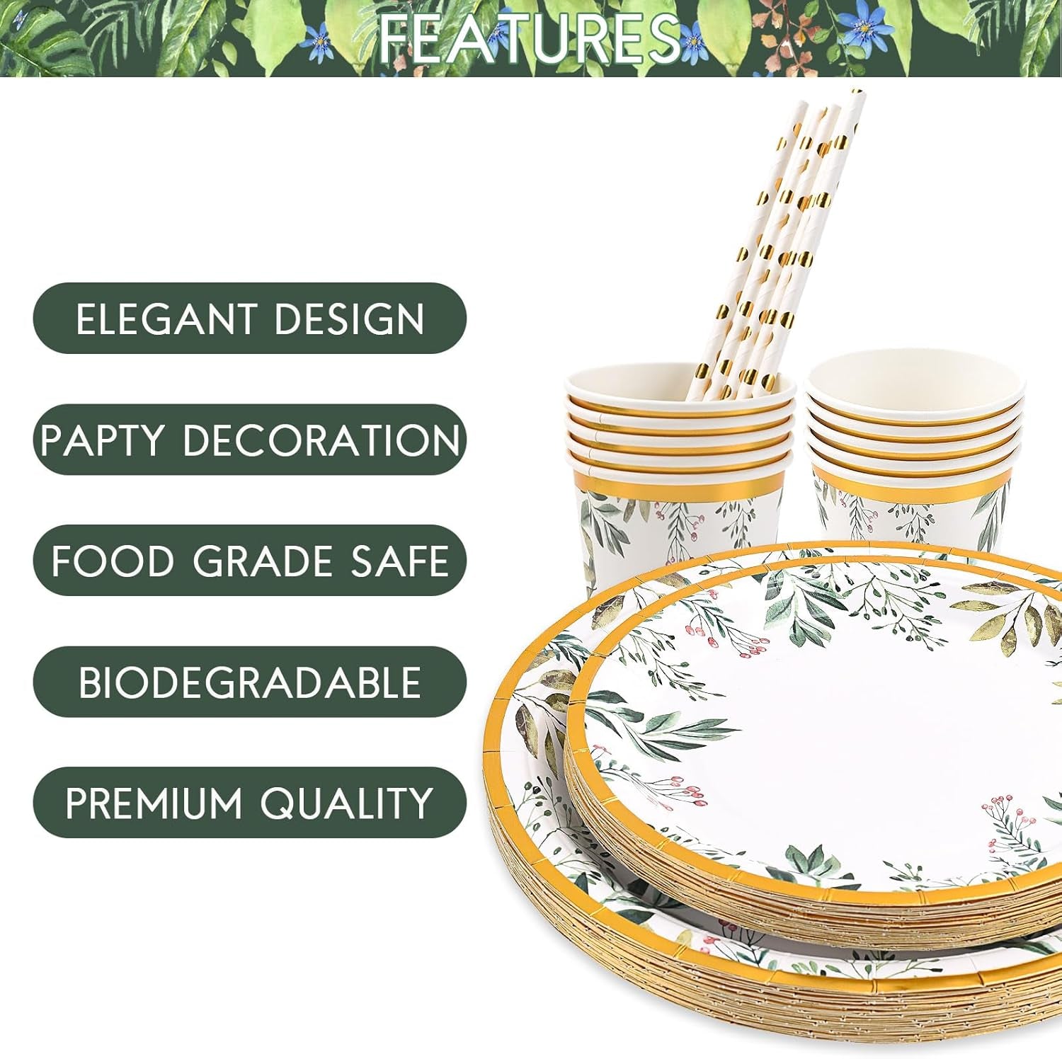 Green Paper Plate Set for 25 Guests, 125PCS Sage Green Gold Party Tableware - 9'' Dinner Plates, 7'' Side Plates, Disposable Cups, Straws, Napkins