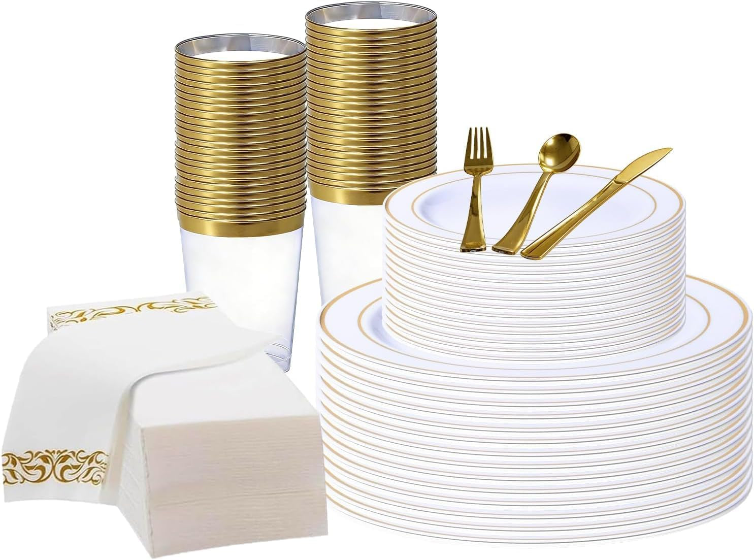 25 Guests Dinnerware Set, 175Pcs Reusable Party Dinner Plates Set, Include: 25 Salad Plates, 25 Dinner Plates, 75 Silverware(25 Forks, Knives, Spoons), 25 Napkins, 25 Cups