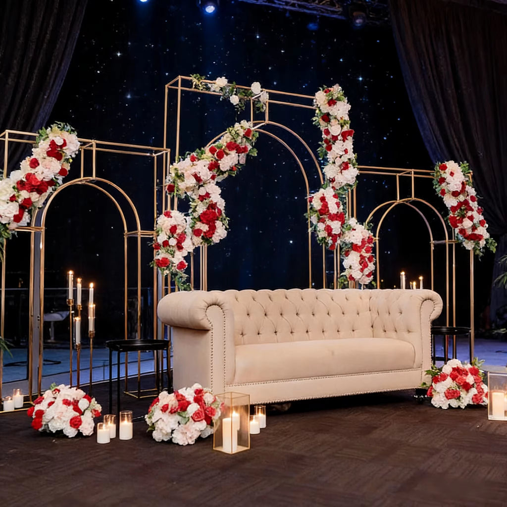 Rustic Wedding Arch with Glitter Gold Geometric Backdrop Frame for Outdoor Garden Ceremonies, Floral Arrangement Stand, and Luxury Decor Kit