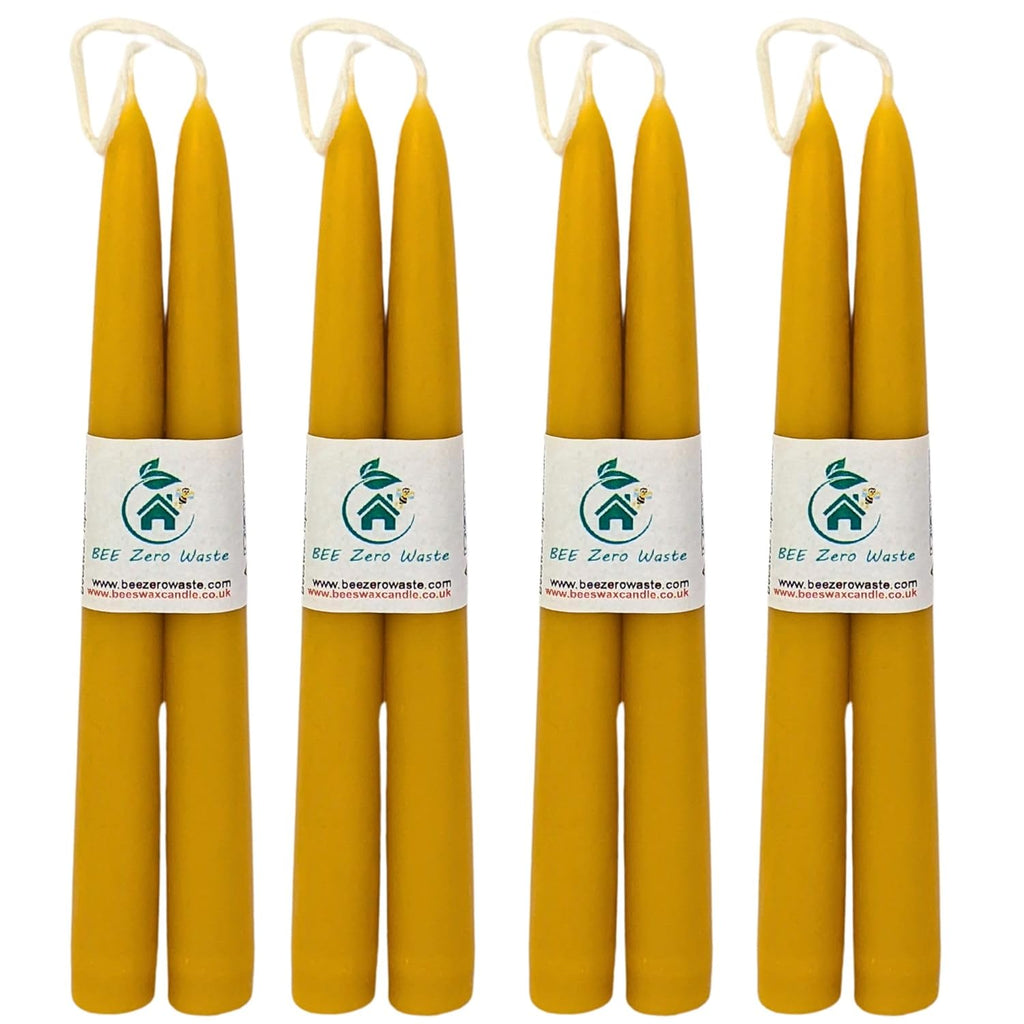 Beeswax Taper Candles 9'' (230 Mm), Bundle of 4 Pairs,Uk Handcrafted, over 10.5 Hours of Burn Time Each, Air-Purifying, and Dripless - Brighten Your Space!