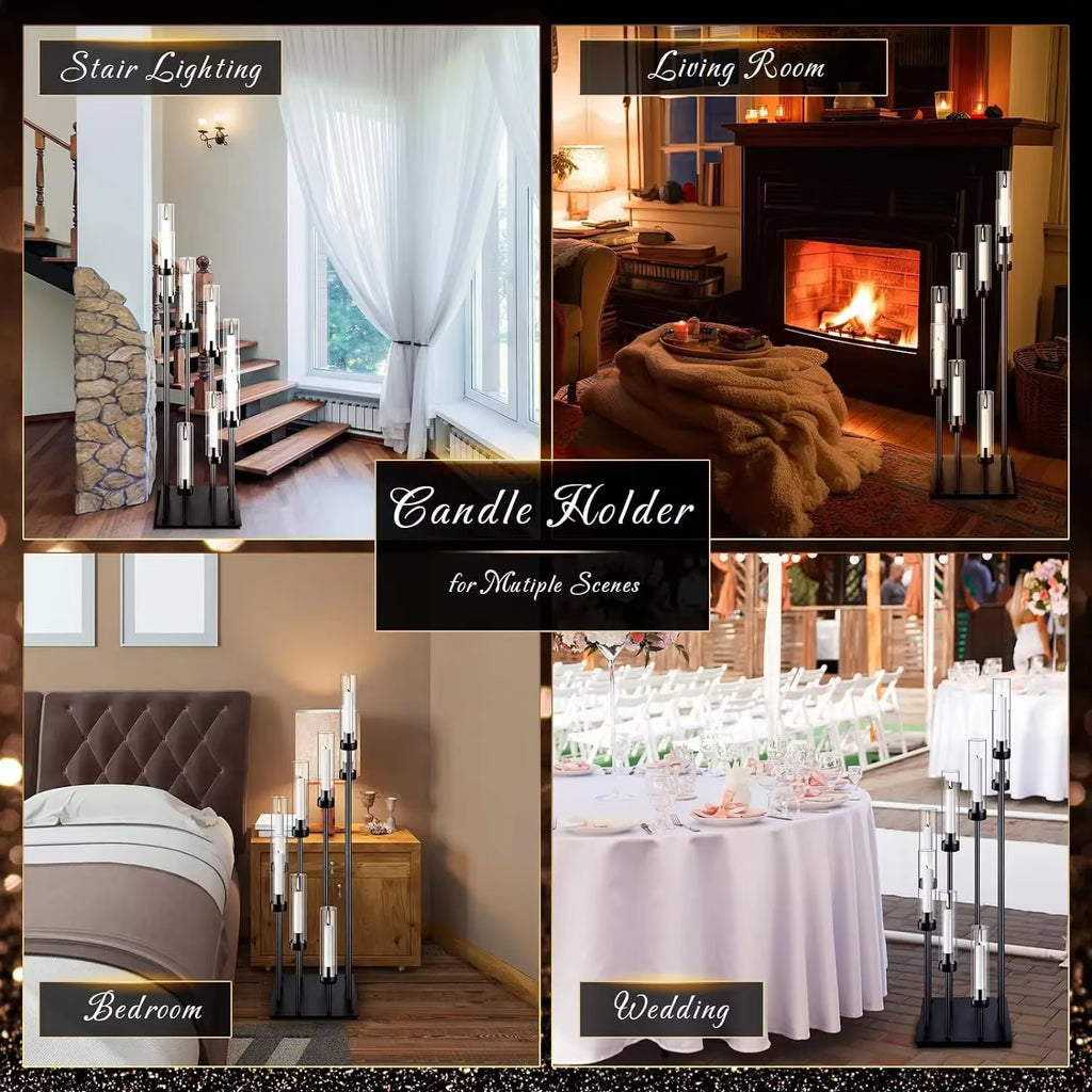 Black Candelabra Centerpieces with 8 Arms - Floor Candle Holders with Acrylic Shades for Wedding and Party Decoration (Available in Sets of 2, 5, or 10)