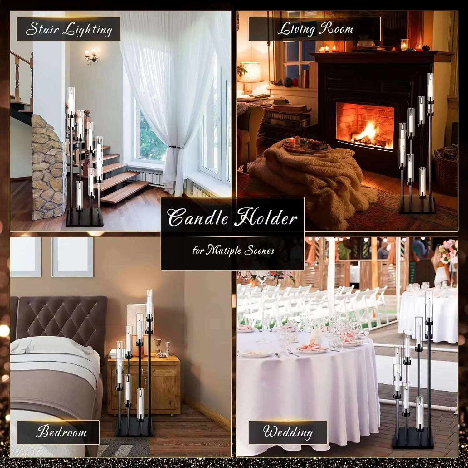 Black Candelabra Centerpieces with 8 Arms - Floor Candle Holders with Acrylic Shades for Wedding and Party Decoration (Available in Sets of 2, 5, or 10)