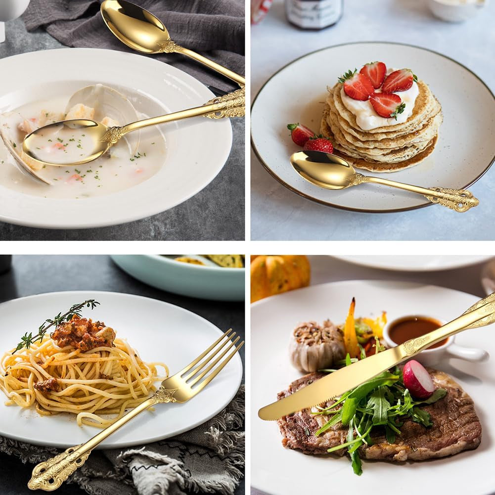 Royal Golden Cutlery Set, 24 Piece Silverware Set Flatware Set for 6 People, Palace Style Mirror Polished Dishwasher Safe Knife Fork Spoon Cutlery for Home Banquet Catering