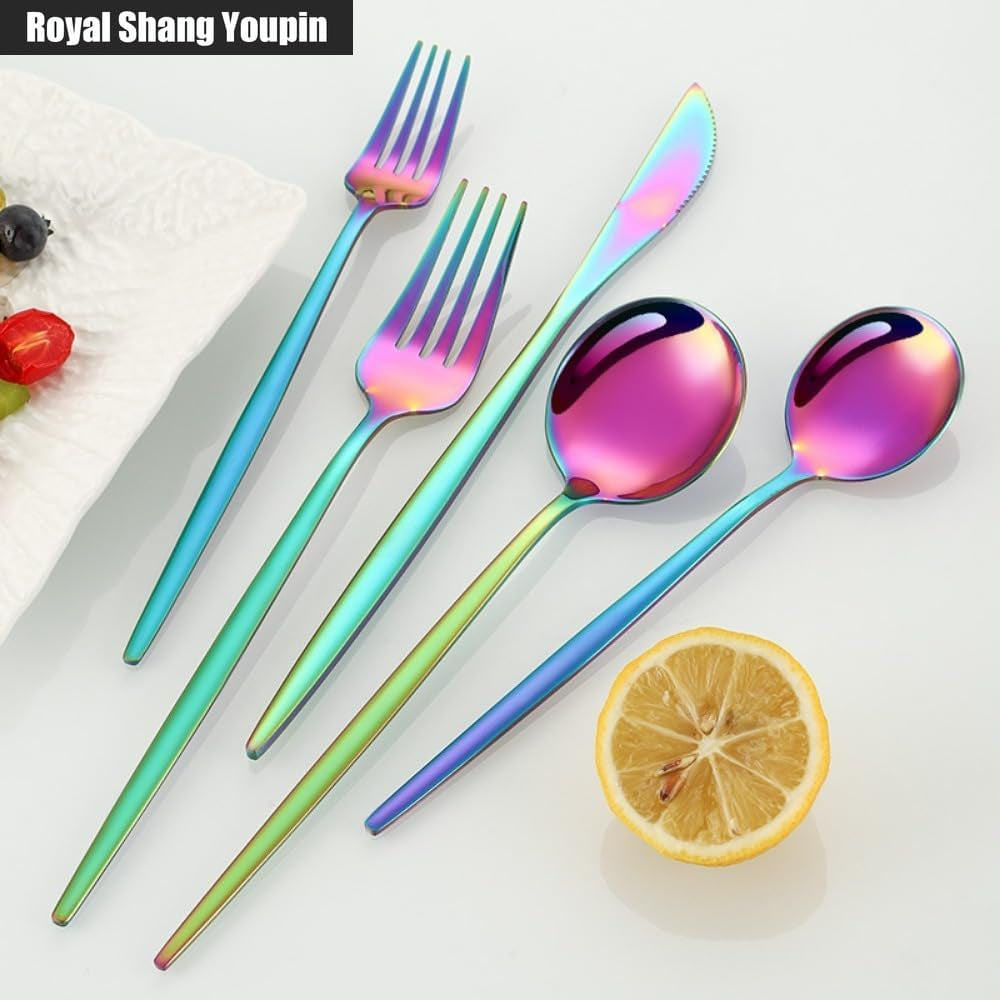 Solid Pointed Handle Kitchen Stainless Steel Silverware Tableware Flatware Cutlery Set Steak Knife Fork Spoon (Gold,20 Pieces)