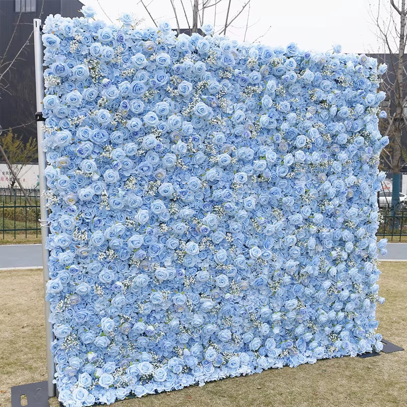 Luxury Blue Series Rose Hydrangea Babysbreath 5D Roll up Cloth Flower Wall Wedding Backdrop Milan Turf Plant Wall Event Props