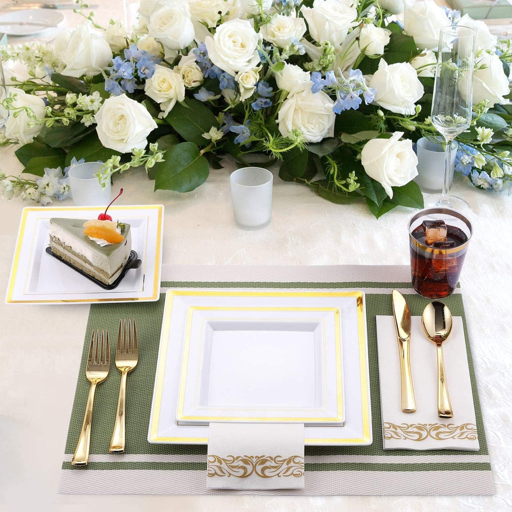 Square Dishes Plates Cups Cutlery for 25 on Special Occasions,175 Pieces of Reusable Plastic Dinnerware for Dinners, Birthdays, Valentines, Parties, Easter, Weddings, Summer Celebrations (Gold)