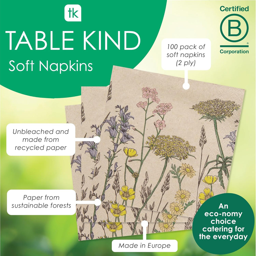 Table Kind 100 X Soft Recycled Paper Napkins, 2Ply, 33Cm Wildflower Floral Napkins for Mother'S Day Disposable Party Serviettes for Easter Weddings Eco-Friendly, Kraft Unbleached Home Compostable