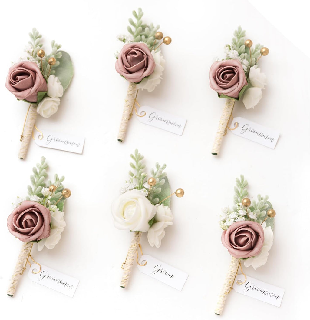 Boutonniere for Men, 6Pcs Groom Groomsmen Boutonniere, Artificial Flowers for Wedding Decor/Prom/Homecoming, Etc.Pink Dusty Rose